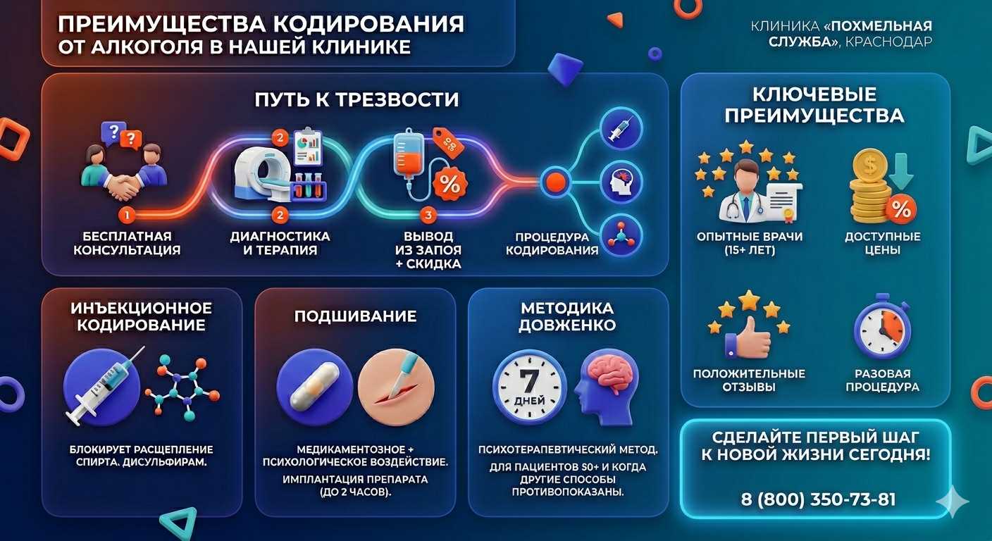 Инфографика о методах кодирования от алкоголя в городе Бавлы: инъекции, подшивание, метод Довженко. Преимущества клиники и этапы лечения.